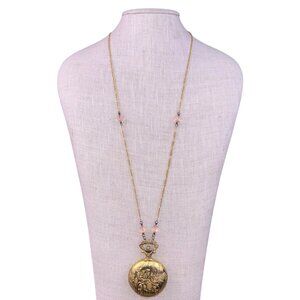 Ferarro Womens Gold Tone Metal Pocket Watch Necklace Quartz Japan Movement